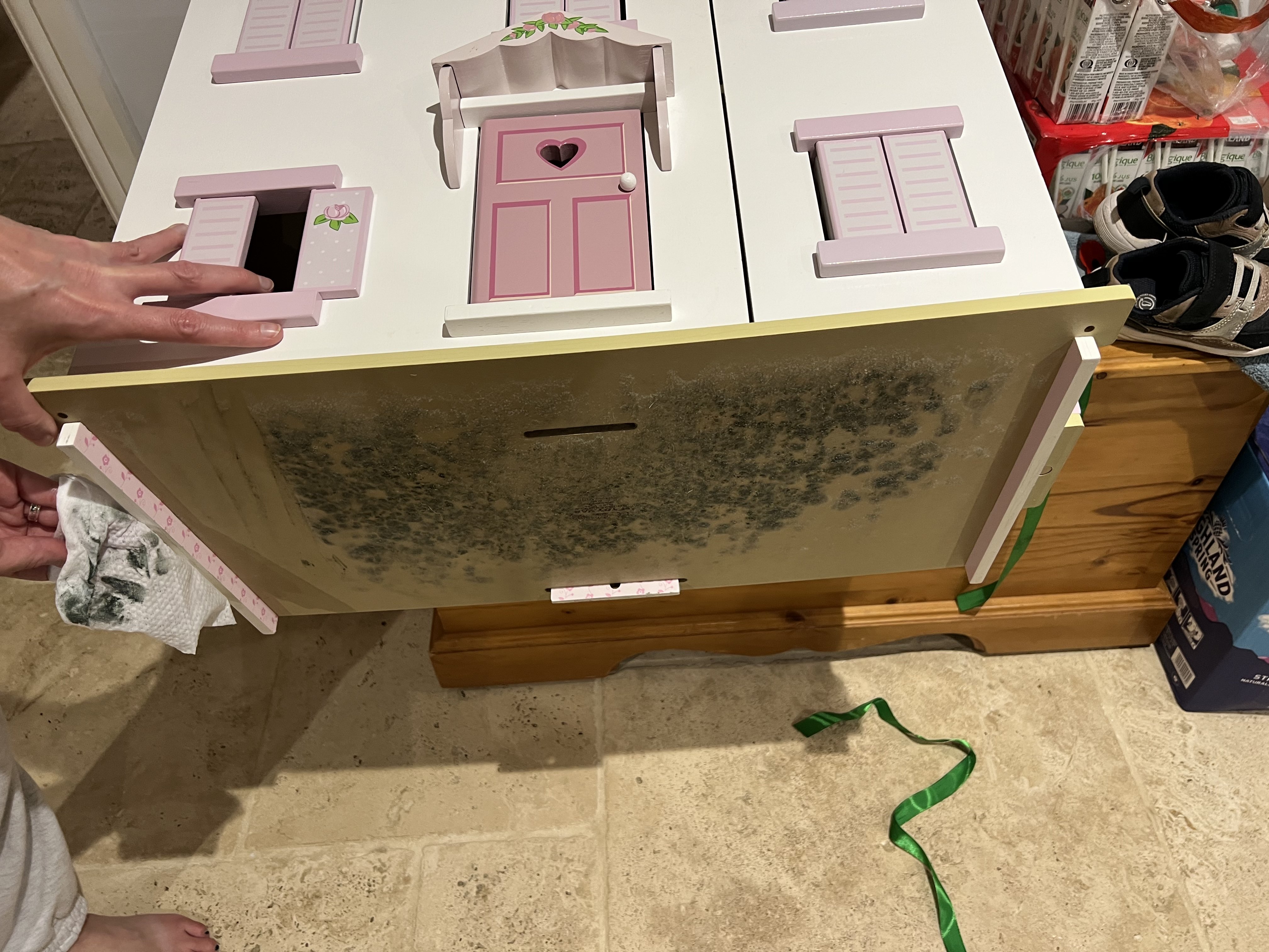 The hidden damage — mould on a child's dollhouse, discovered six weeks after the flood
