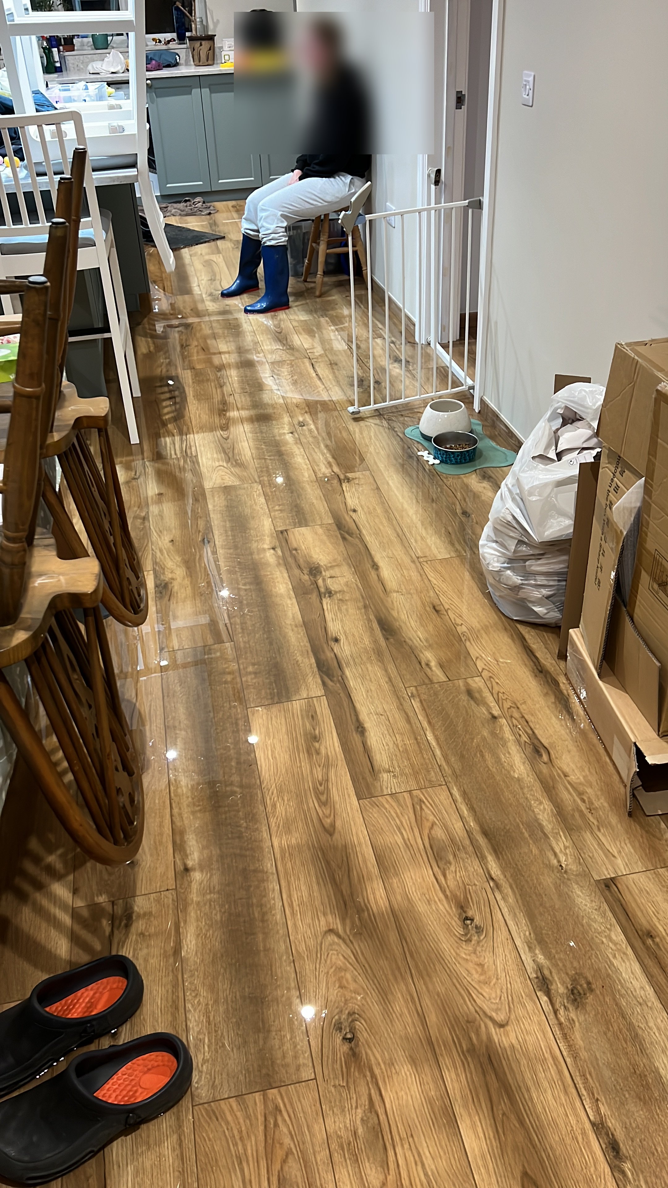 Water through the kitchen corridor — the consequence of a first rebuild done without independent oversight