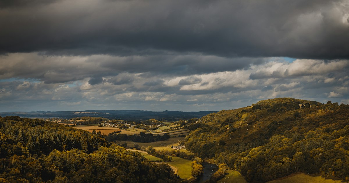 Stormy sky over rolling English hills