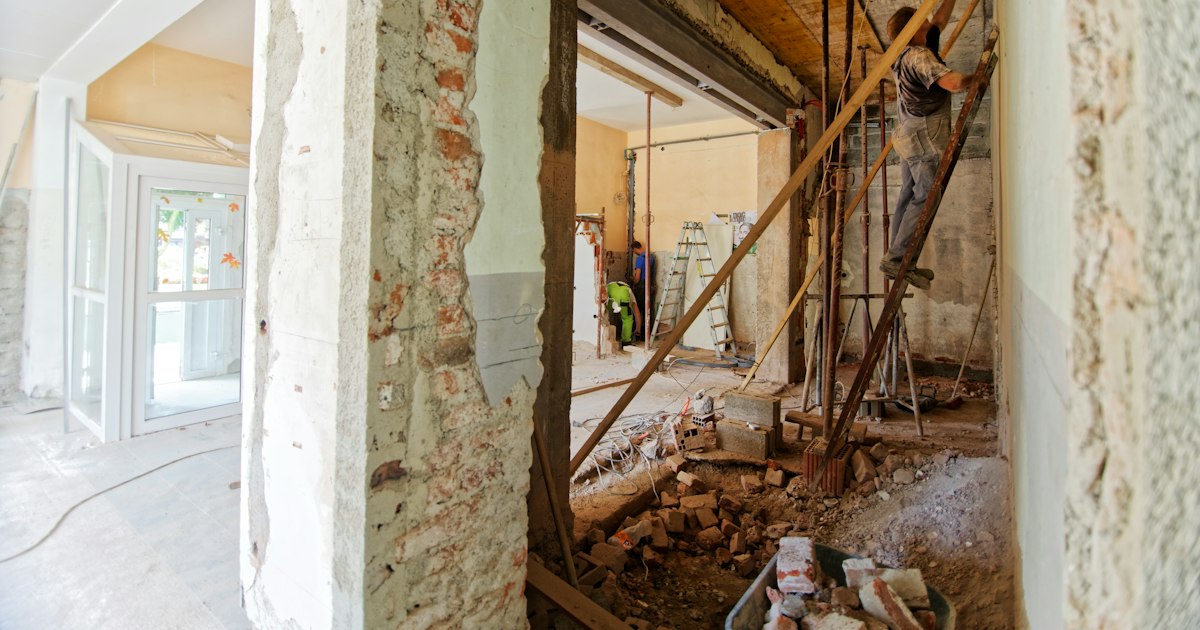 Stripped-back walls during a house renovation